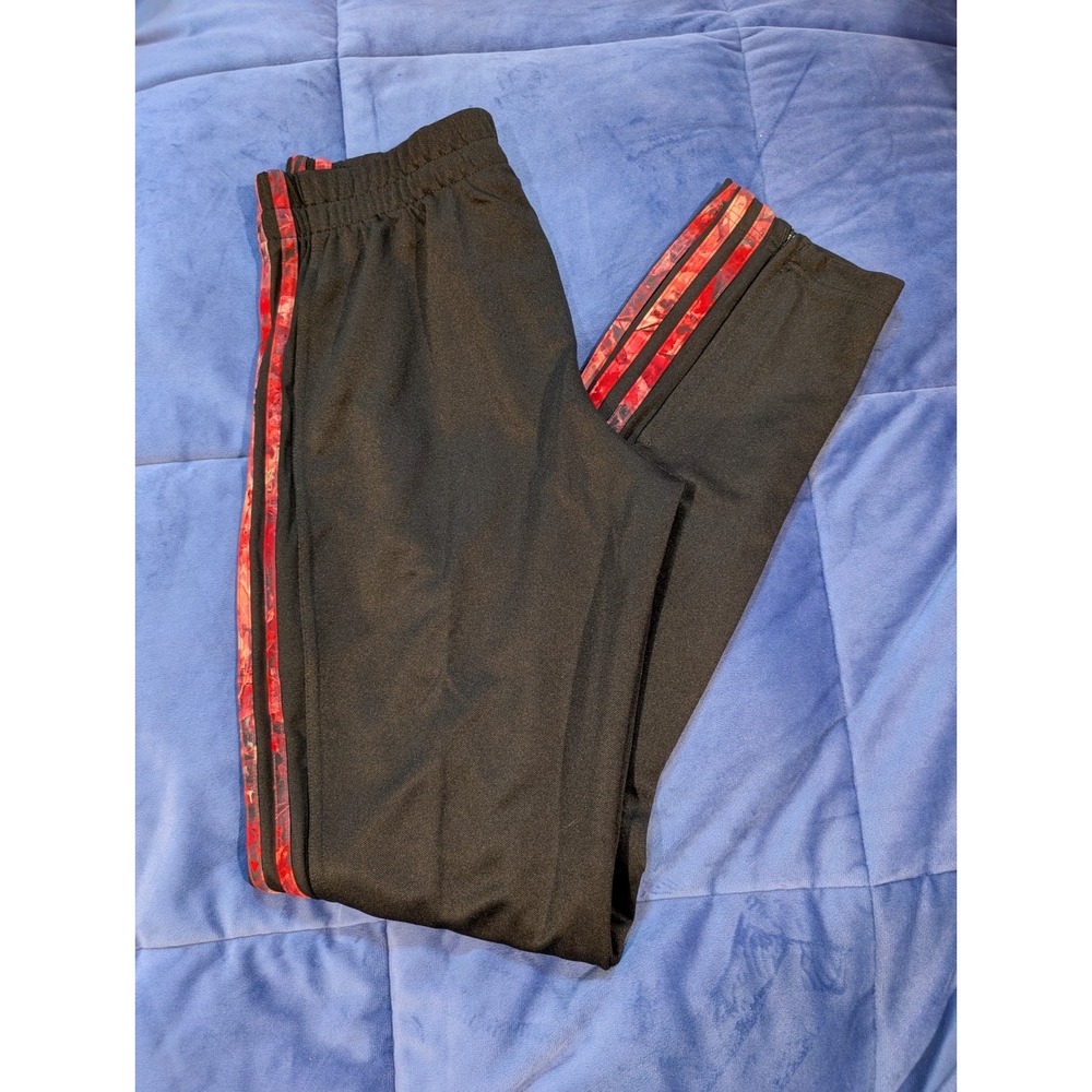 Adidas Climalite Track Pants Black Red Floral Three Stripe Zipper Cuffs - Size S